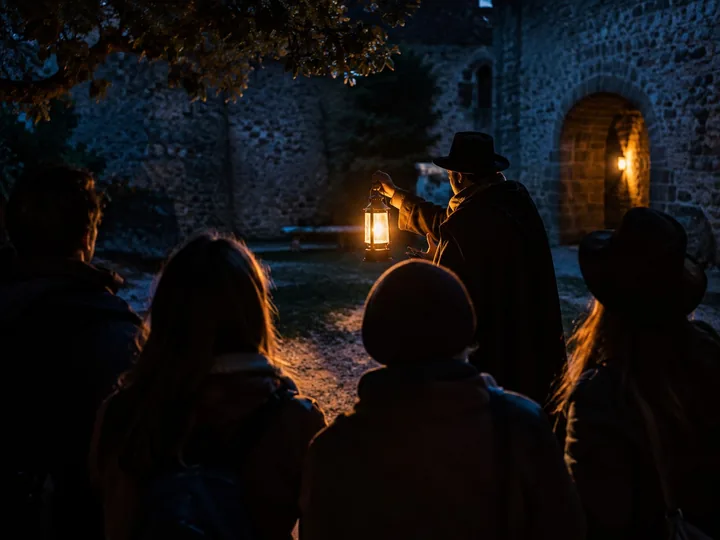 A small group listening to a storyteller in a dark courtyard