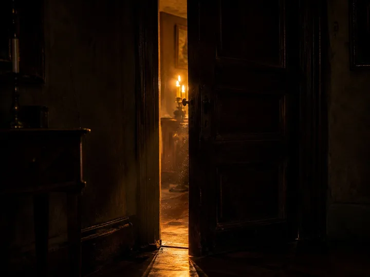 A heavy wooden door ajar with candlelight inside an old house