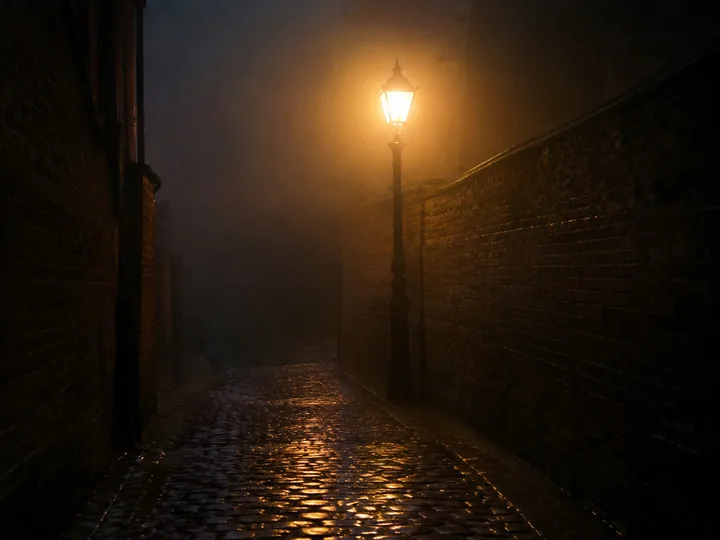 A gas street lamp glowing in fog over an empty cobbled alley