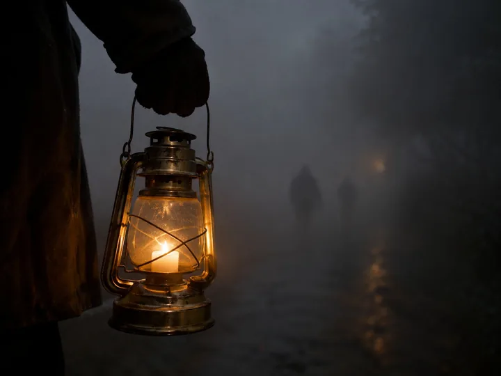 A hand holding an old lantern in thick fog