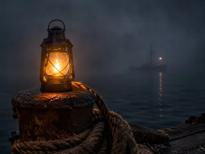 An old ship's lantern on a harbor bollard in fog