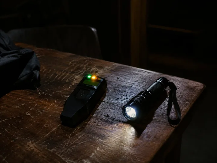 A ghost-hunting meter and flashlight on an old wooden table