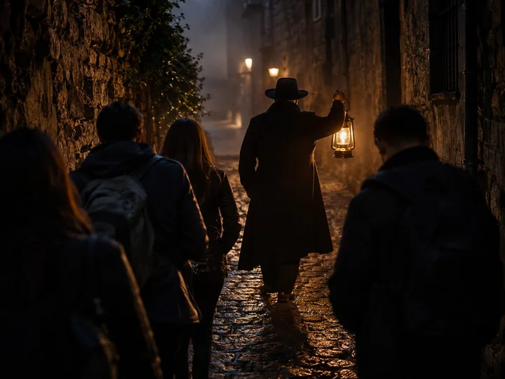 A guide with a lantern leading a small group down a narrow cobbled lane at night