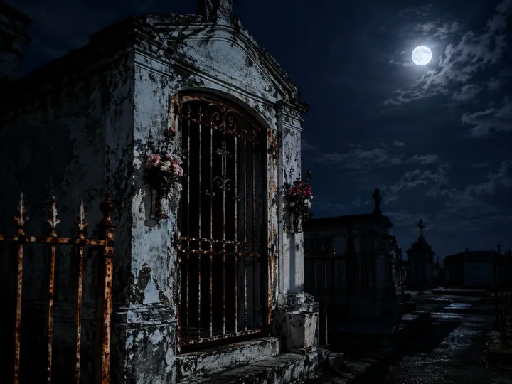 A mausoleum doorway with ironwork in moonlight