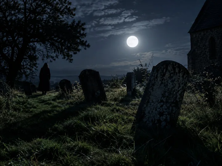 Leaning headstones in an old churchyard under a full moon