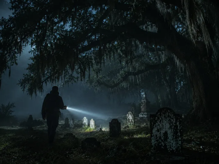 Old gravestones under moss-hung oaks lit by a flashlight beam at night