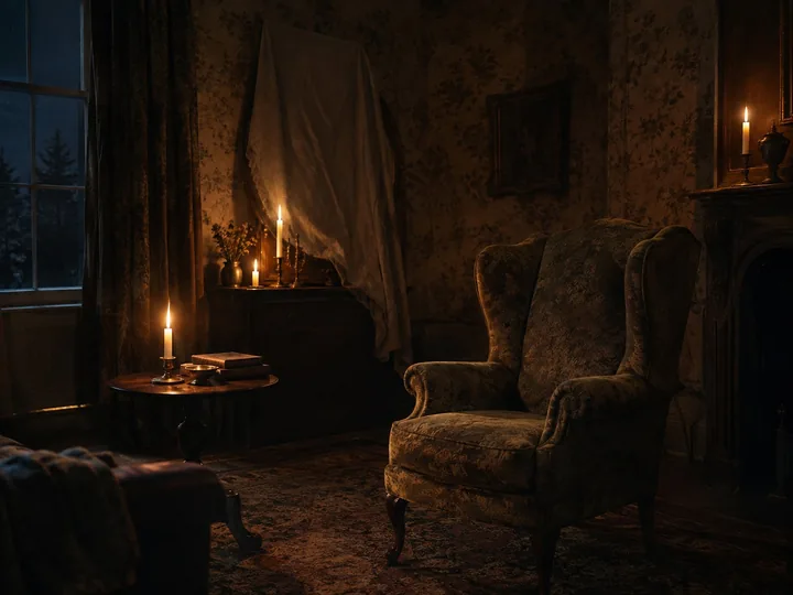 An empty armchair in a dusty candlelit Victorian parlour