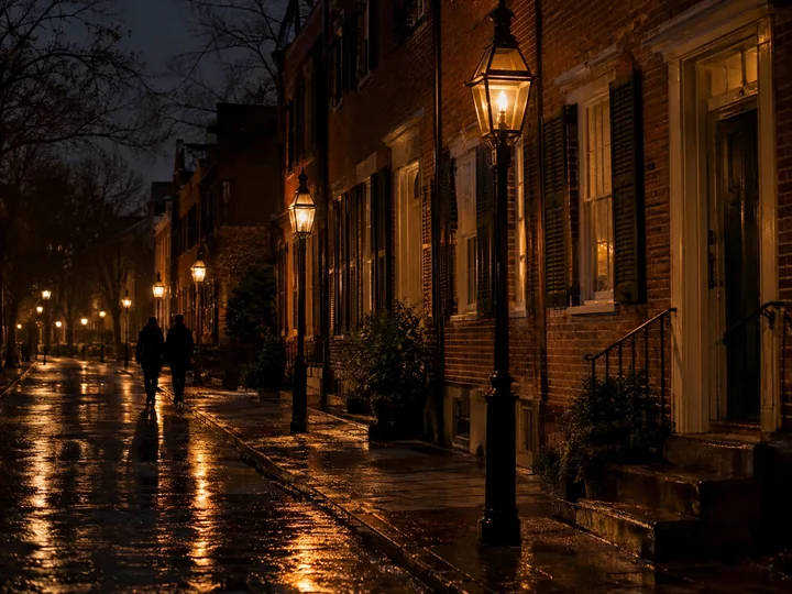 Old brick row houses on a gas-lit street at night