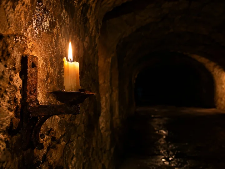 A candle burning in an iron holder on a damp stone vault wall