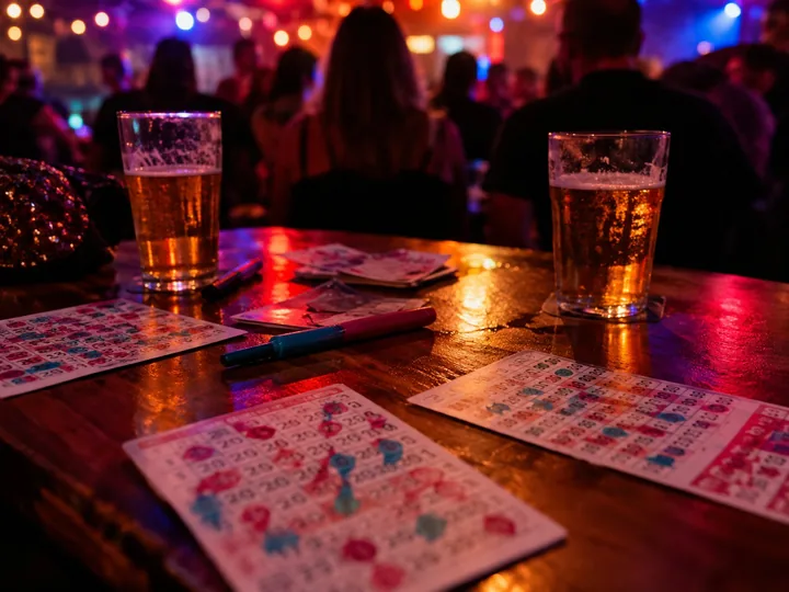 Bingo cards and beers on a bar table
