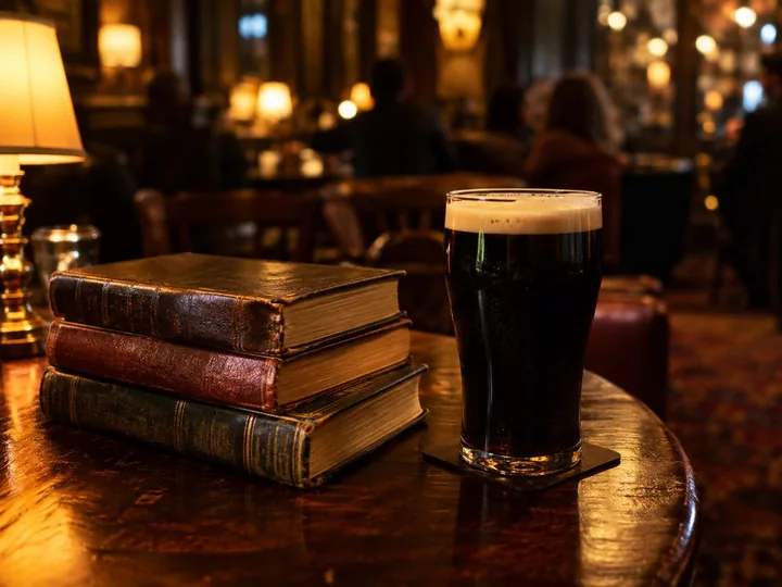 Old books beside a pint in a pub