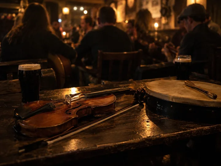 A fiddle and a frame drum beside pints in a pub
