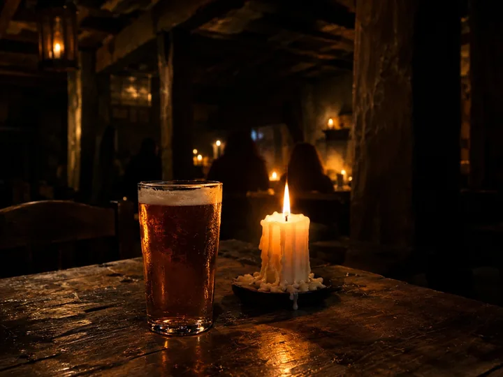 A candle and a pint in a dark old tavern