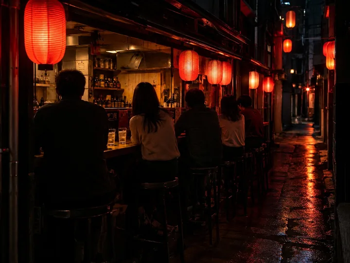 A tiny bar counter in a lantern-lit alley