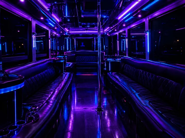 The LED-lit interior of a party bus