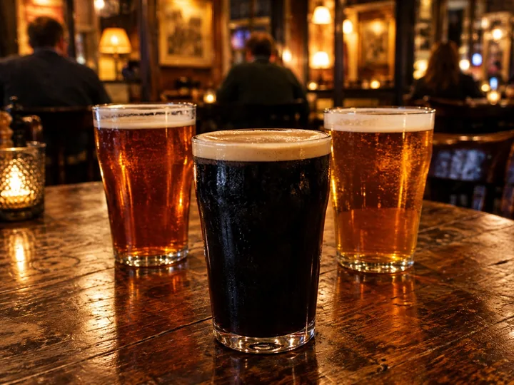 Pints of beer on a wooden pub table