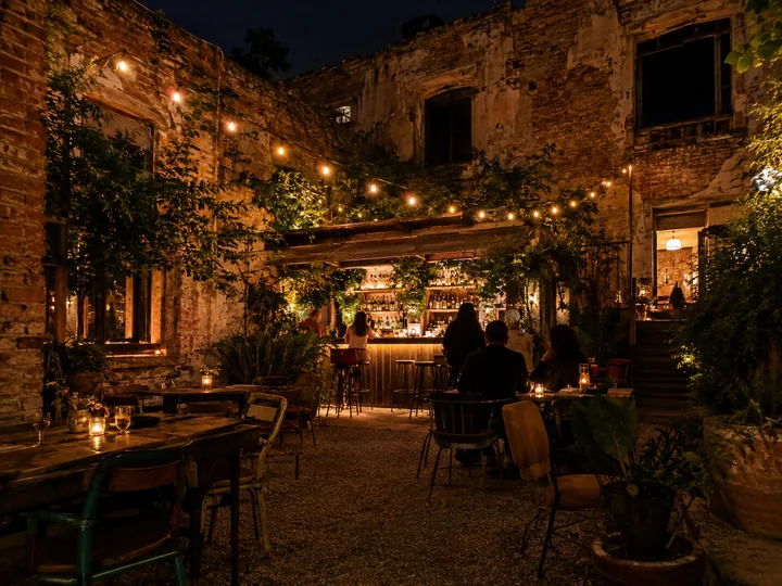 A courtyard bar with mismatched furniture and fairy lights