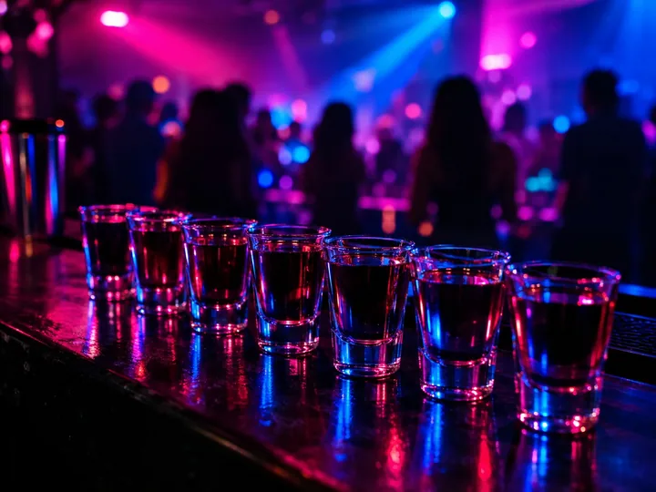 A row of shot glasses on a bar