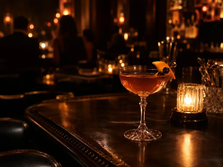 A cocktail in a dim speakeasy
