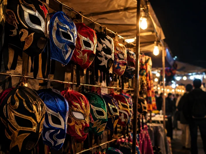 Colorful wrestling masks hanging at a market stall at night