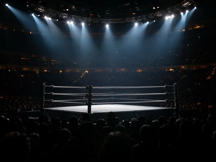 A wrestling ring under spotlights in a dark arena