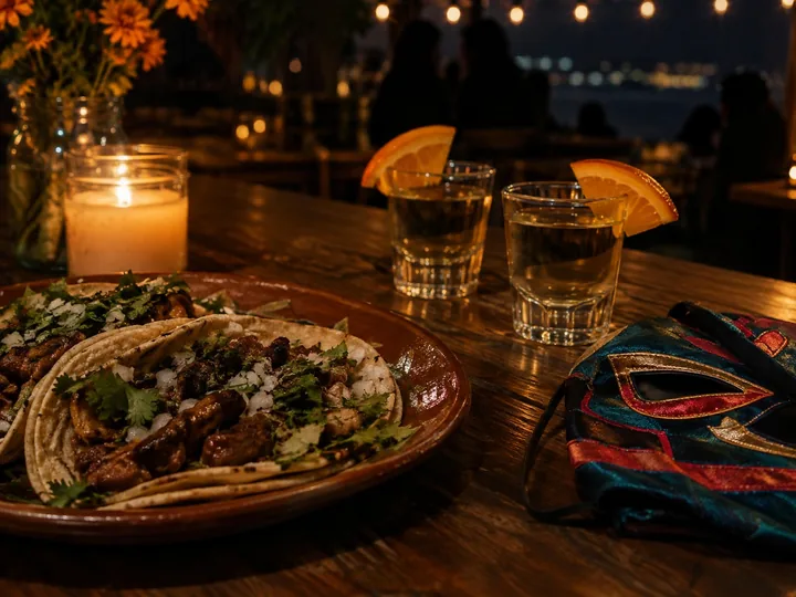 Tacos and mezcal on a table before a show