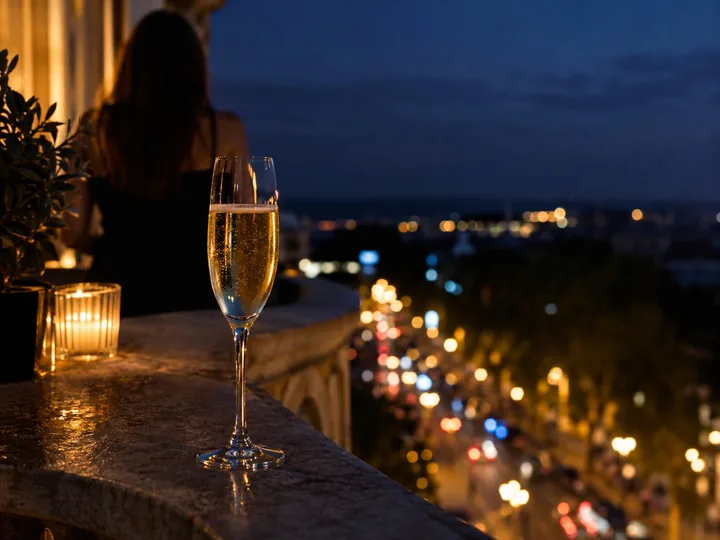 A welcome drink on a curving balcony at night