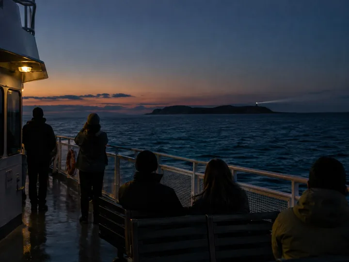 A ferry crossing a dark bay toward an island at night