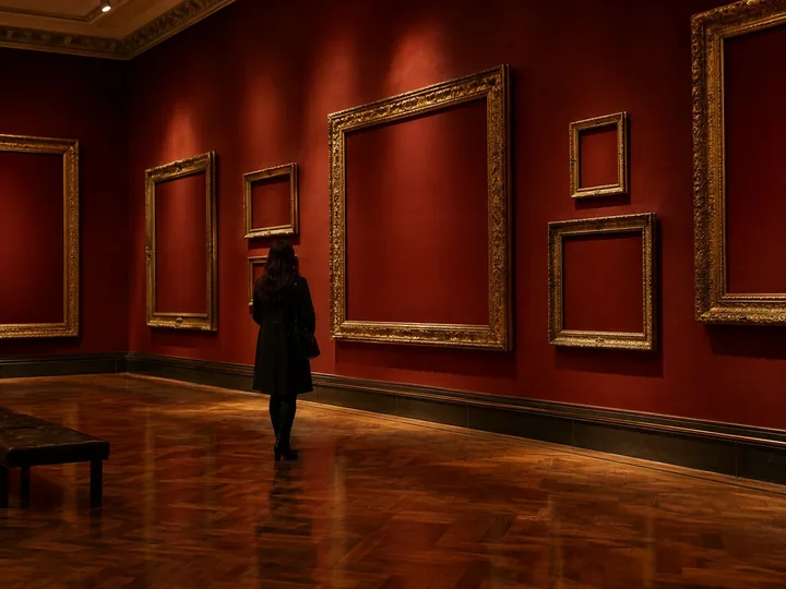 A quiet museum gallery with empty gilded frames after hours