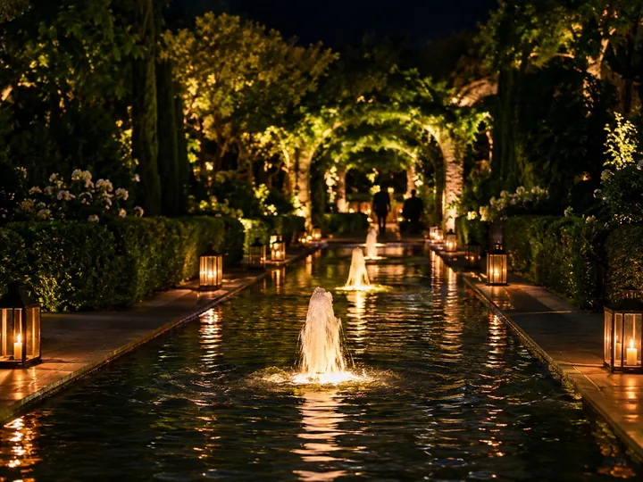 A lantern-lit garden with a long fountain pool