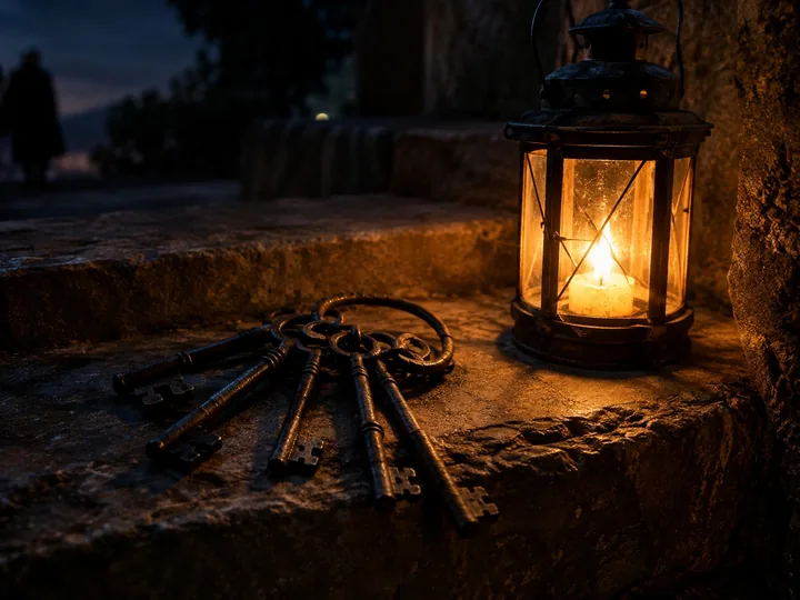 An old iron key ring beside a lantern on stone