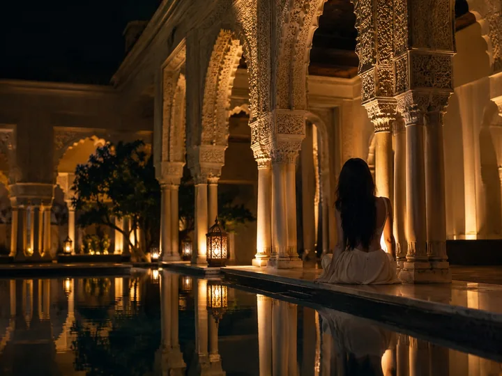 Carved plaster arches lit warmly at night