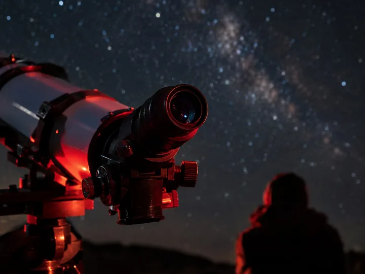A telescope eyepiece lit by red light