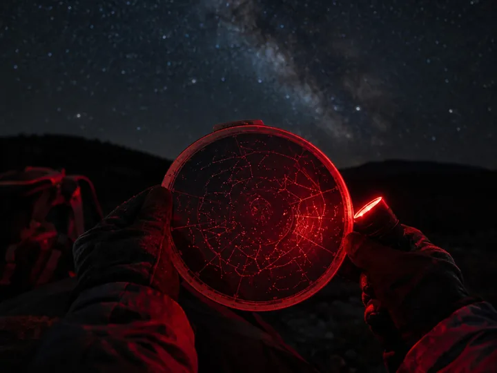A star map lit by a red flashlight