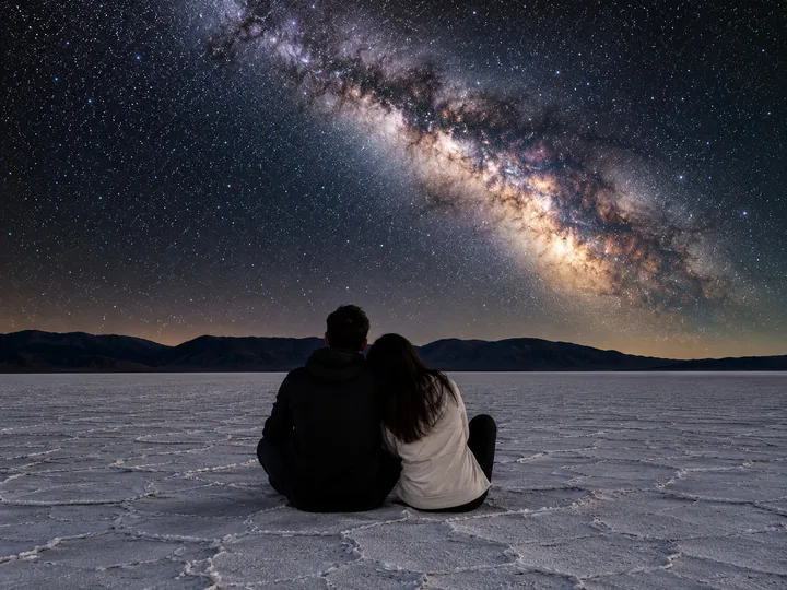 Desert salt flats under a starry sky