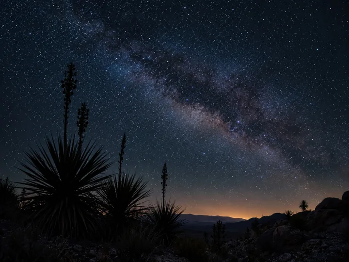 Spiky desert plants silhouetted under the stars