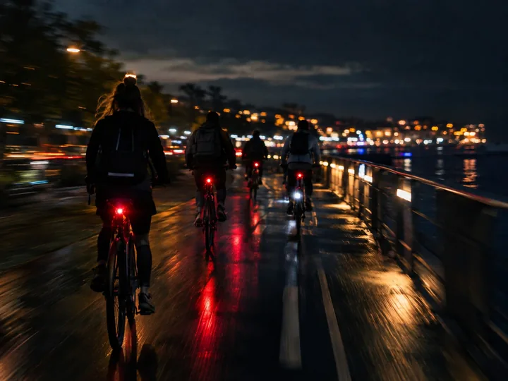 Cyclists with lights riding at night