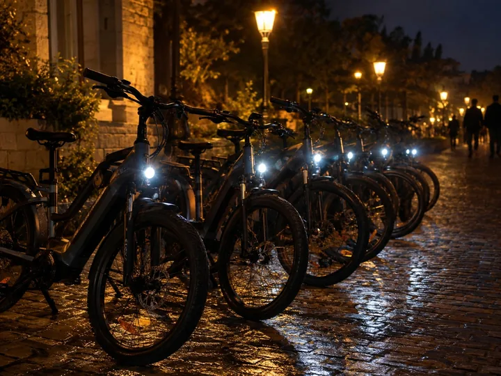 E-bikes parked on cobbles at night