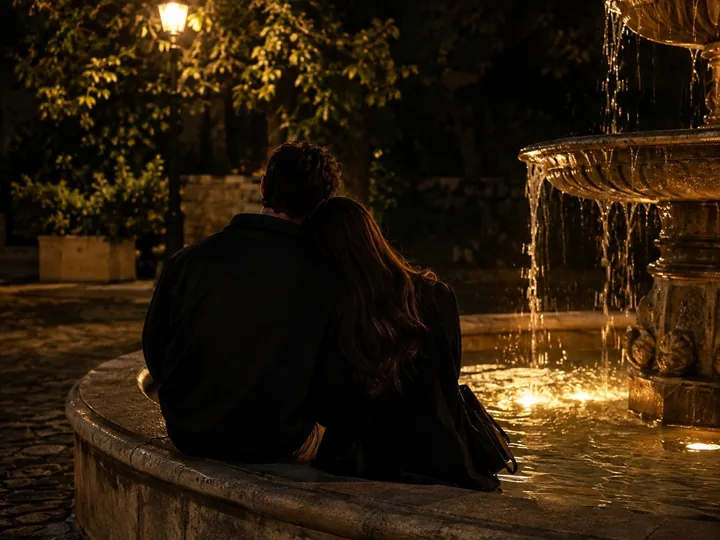 A small fountain in a quiet square at night