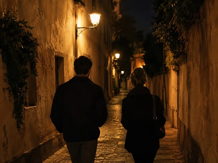 Two people walking down a lamplit lane at night