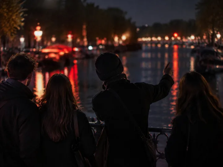 A guide speaking to a small group by a canal at night