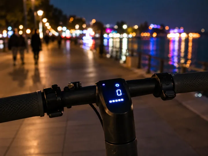 An electric scooter deck light on a promenade at night
