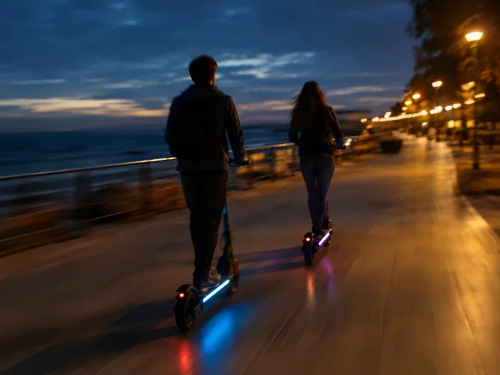 Electric scooters with lights at night