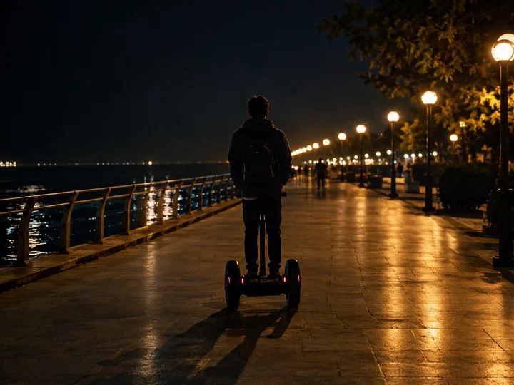 A segway rider silhouetted at night