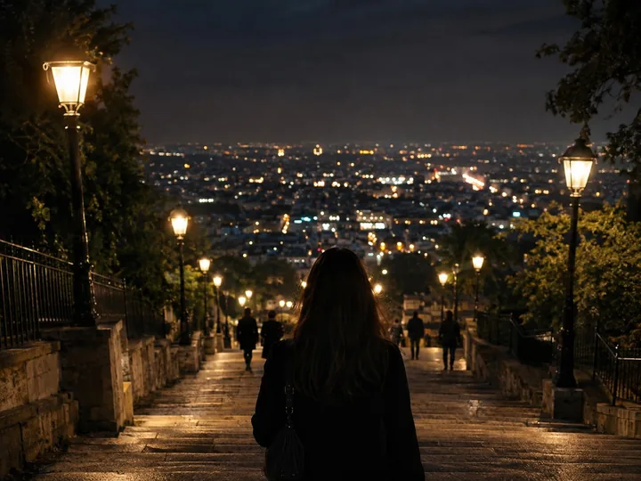 Stone steps climbing a hill between lamps at night