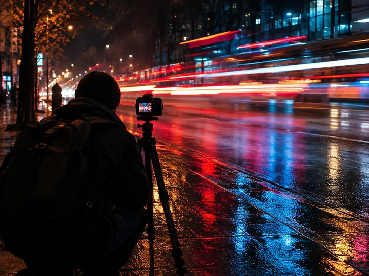 A camera on a tripod shooting a long exposure at night