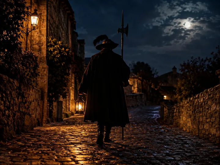 A night watchman with a lantern and halberd seen from behind