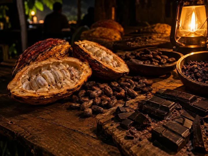 Cacao pods and chocolate on a wooden table