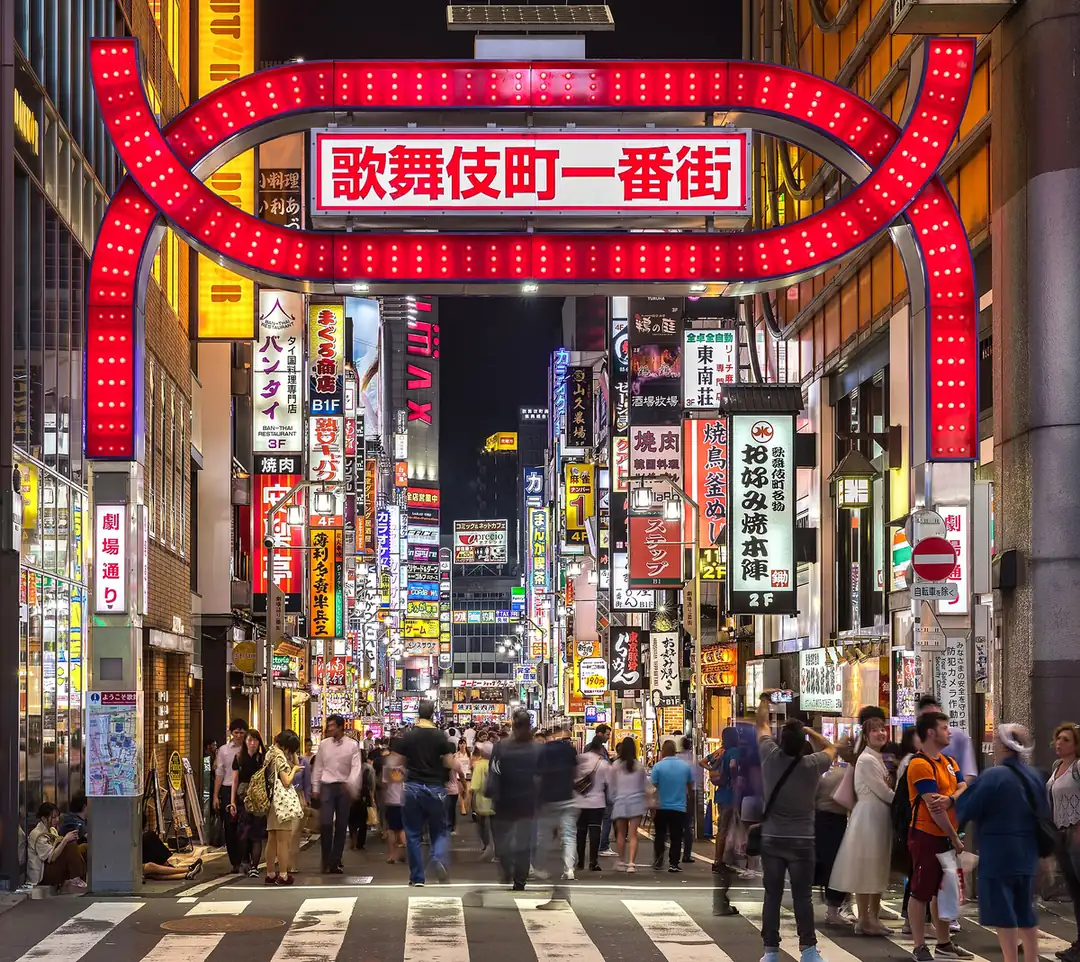 The red Kabukicho gate and neon signs in Shinjuku, Tokyo, at night
