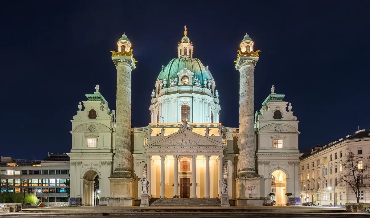 Karlskirche in Vienna floodlit at night